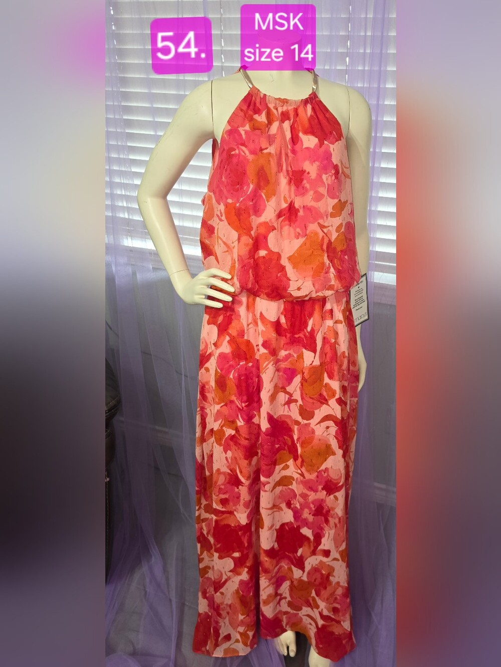 MSK Pink and Orange Halter Blouson Maxi Dress